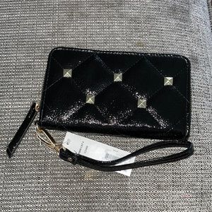 Black lather wallet with gold stones with wrist hook strap on the side